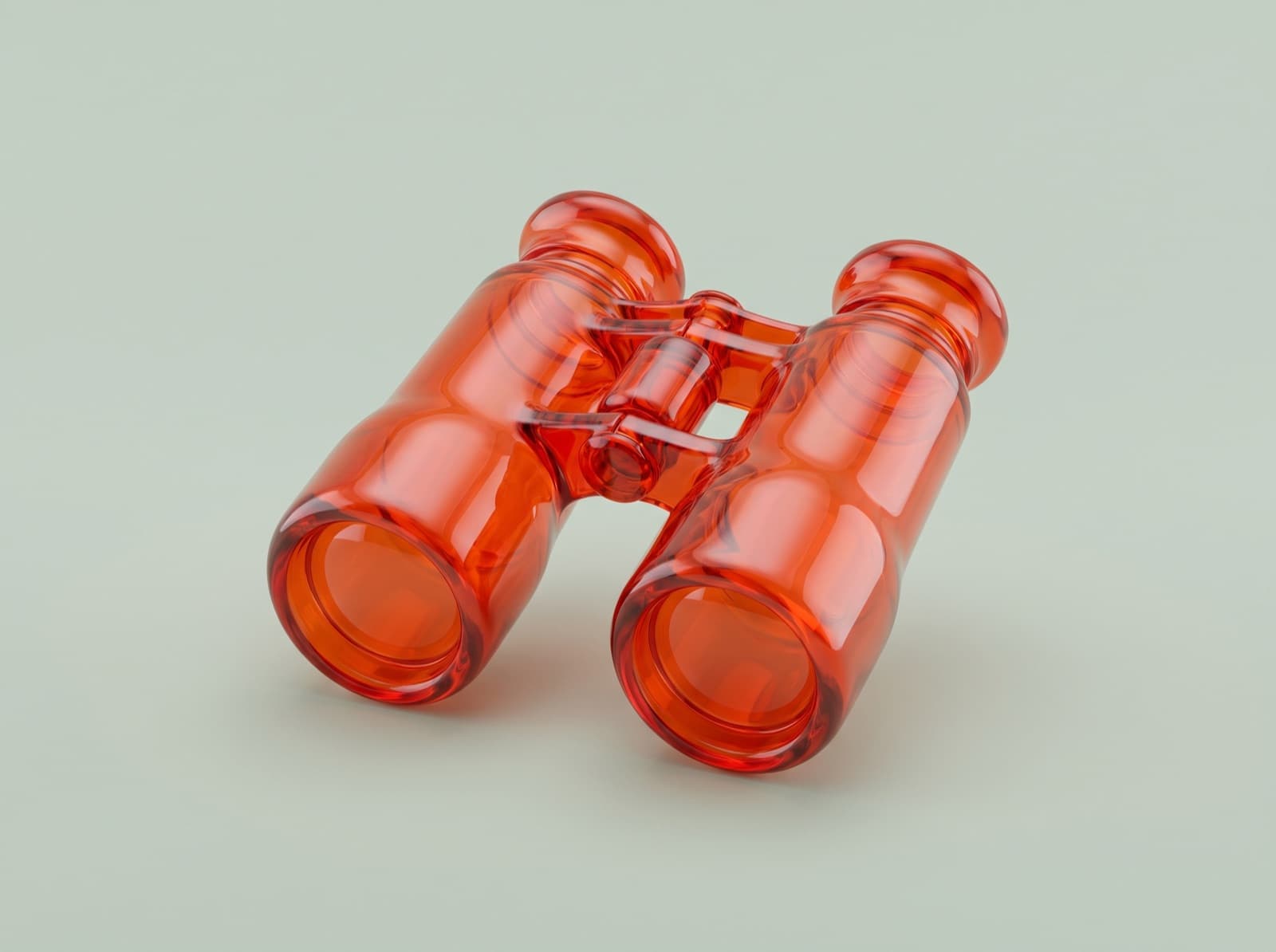 A pair of binoculars sculpted in glossy orange glass on a soft sage background